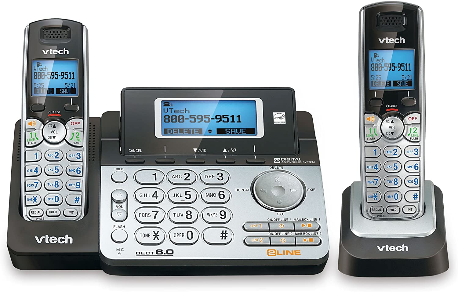 VTech DS6151-2 2 Handset 2-Line Cordless Phone System for Home or Small Business with Digital Answering System & Mailbox on Each line, Silver VTech DS6151-2 2 Handset 2-Line Cordless Phone System for Home or Small Business with Digital Answering System & Mailbox on Each line, Silver